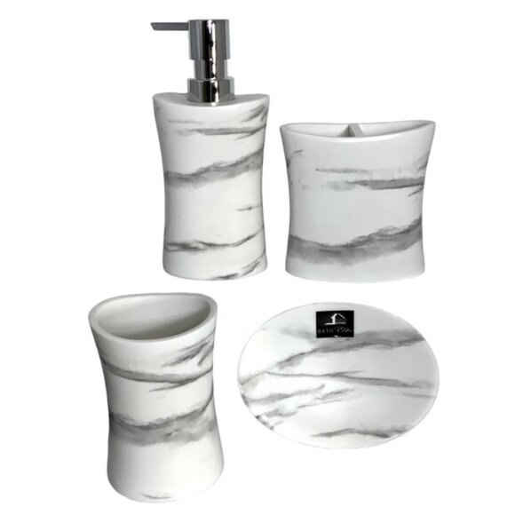 Todays Living Marble Elite Bath Accessory Set Lux White Grey Resin 4 Piece Set - Picture 2 of 15
